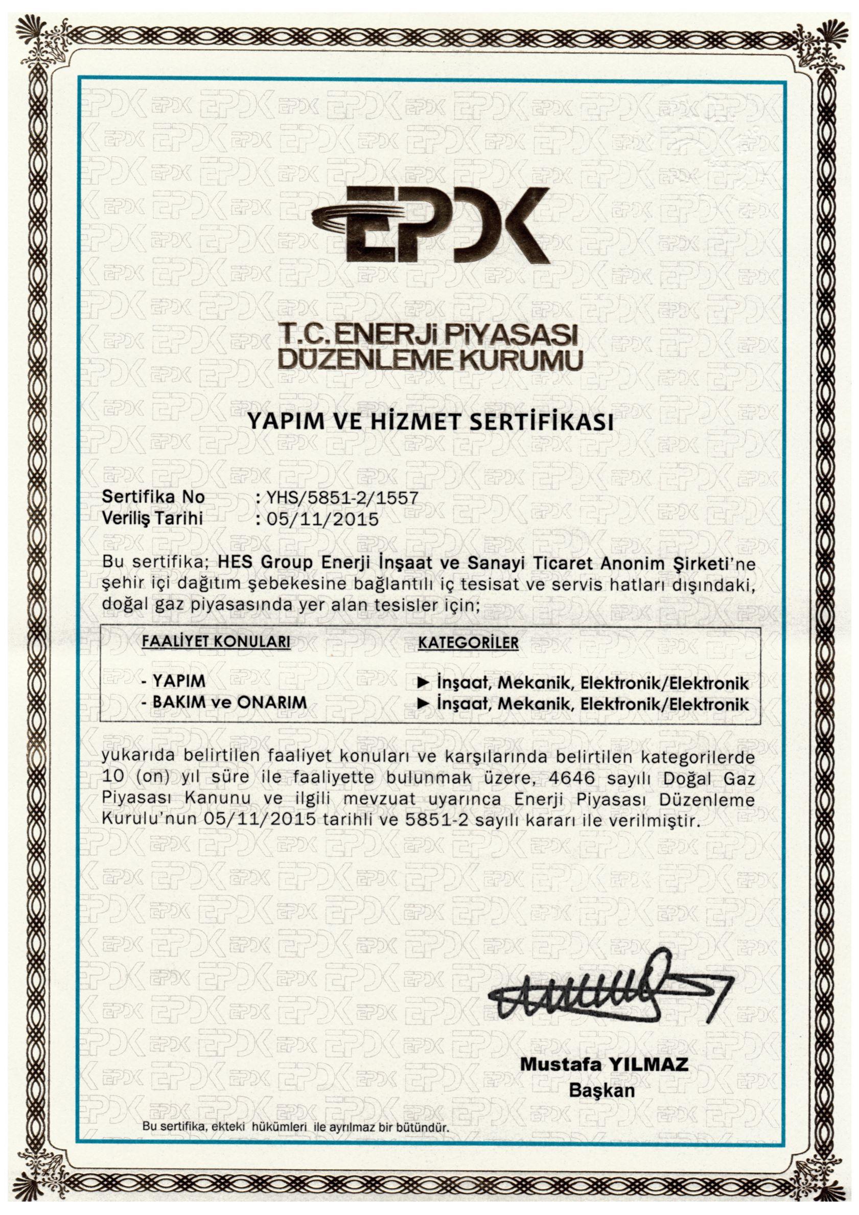 EPDK Yapım Ve Hizmet Sertifikası